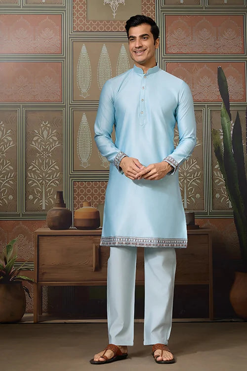 Sky Blue Embroidered Silk Koti Kurta Set for Mens