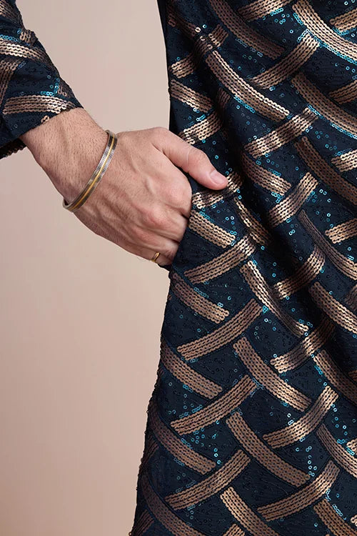 Navy Designer Silk Kurta With Thread Work