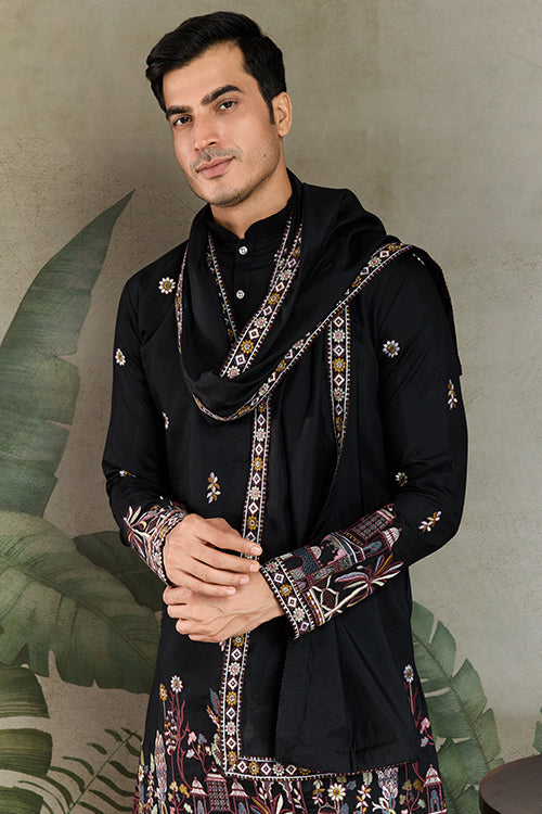 Traditional Black Color Embroidered Kurta Pajama Set For Men