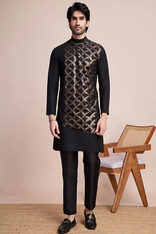 Traditional Black Silk Kurta With Thread Work