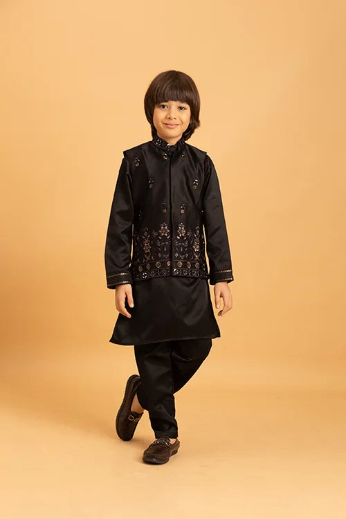 Traditional Black Mirror Work Koti Kurta Set for Boys