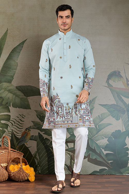 Wedding Special Sky Color Kurta And Dupatta For Men