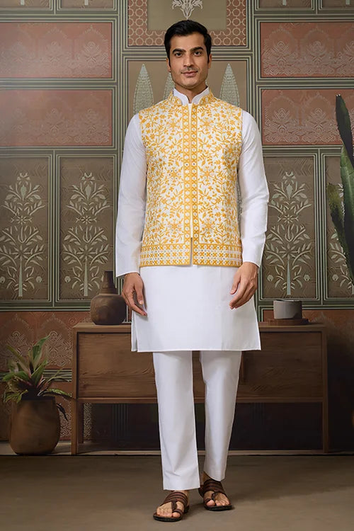 Haldi Special Yellow Koti with White Kurta for Mens