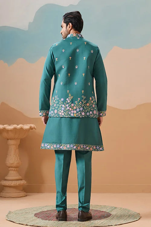 Wedding Party Outfit Rama Green Kurta Koti Pant for Men