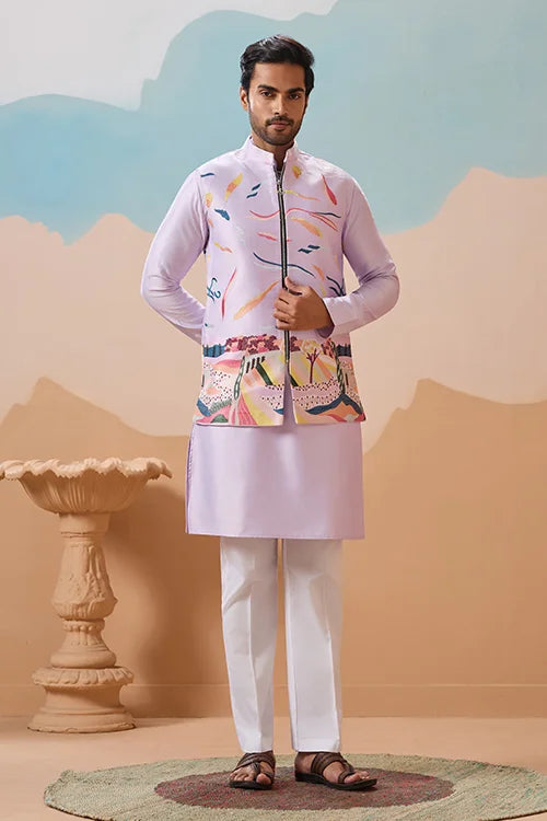 Lavender Wedding Carnival Koti Kurta Set for Mens