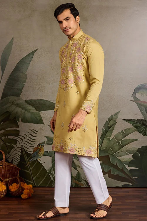 Haldi Special Outfit Mirror Work Mens Kurta Set