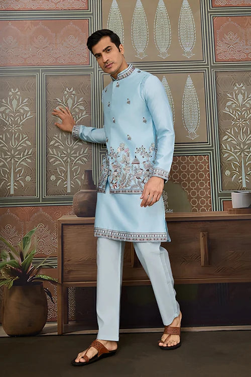 Sky Blue Embroidered Silk Koti Kurta Set for Mens