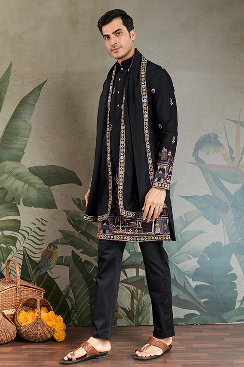 Traditional Black Color Embroidered Kurta Pajama Set For Men