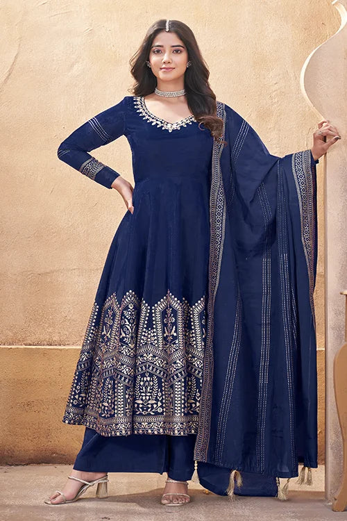 Navy Blue Roman Silk Ready To Wear Mirror Work Festive Suit