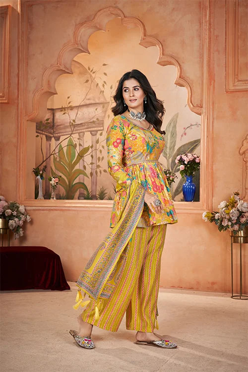 Yellow Silk Digital Print And Foil Three Piece Set