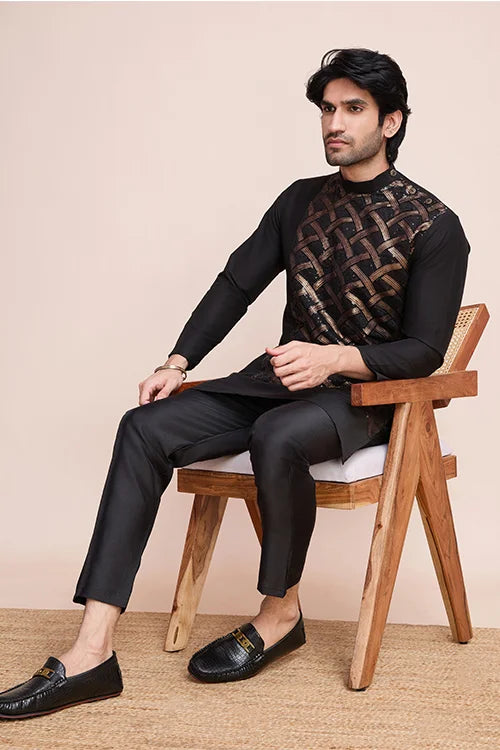 Traditional Black Silk Kurta With Thread Work