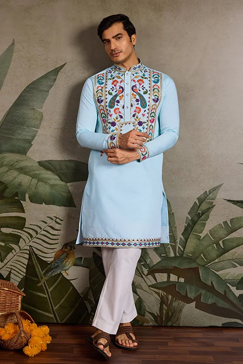Premium Sky Blue Embroidered Mens Kurta For Celebrations