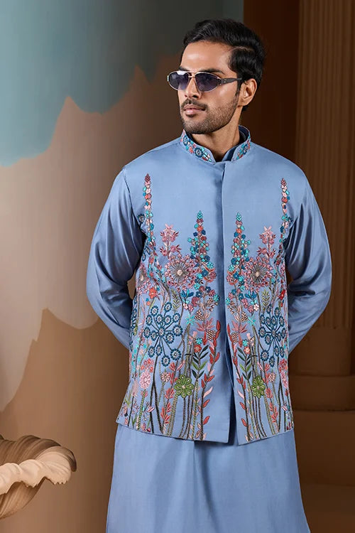 Vibrant Sky Blue Koti Kurta Pajama for Mens Outfits