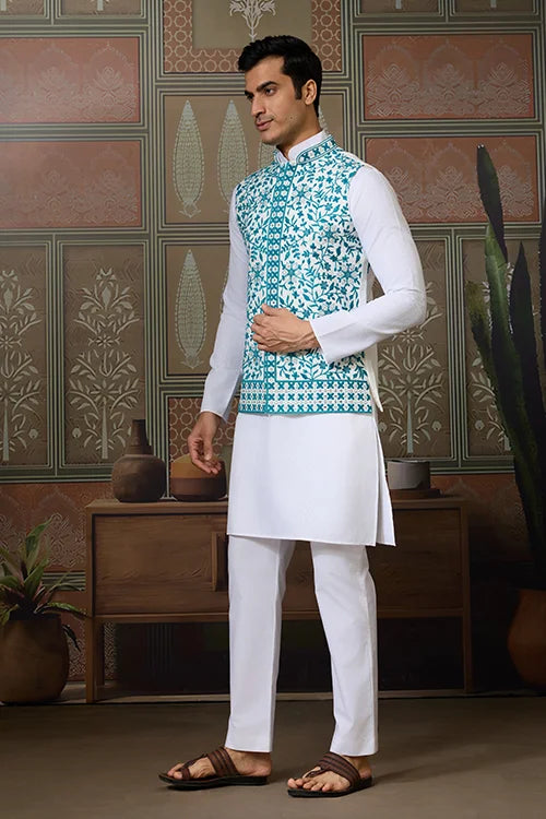 Traditional White Kurta with Teal Green Koti for Men