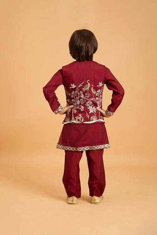 Kids Wedding Special Maroon Koti Kurta Set Outfit