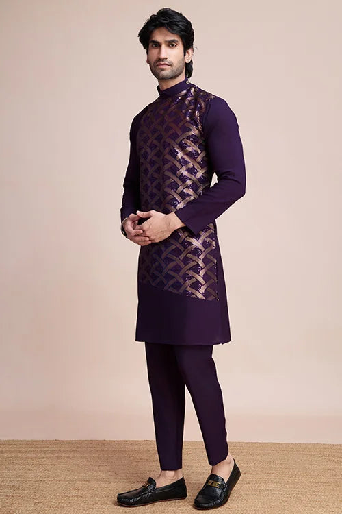 Stylish Purple Men's Kurta With Intricate Thread Detailing