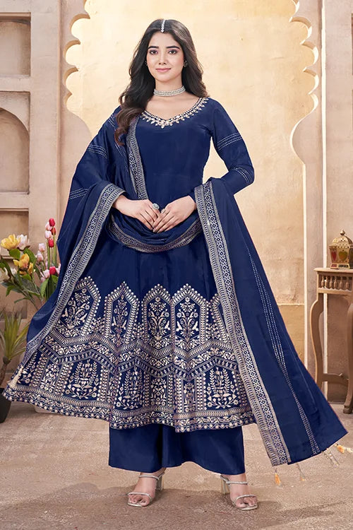 Navy Blue Roman Silk Ready To Wear Mirror Work Festive Suit