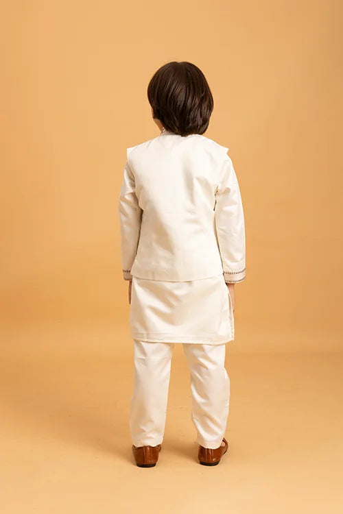 Premium White Mirror Work Koti Kurta Set for Boys
