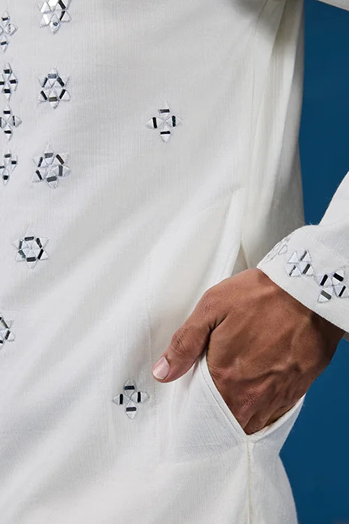 White Real Mirror Work Kurta Pant Set For Mens Wear