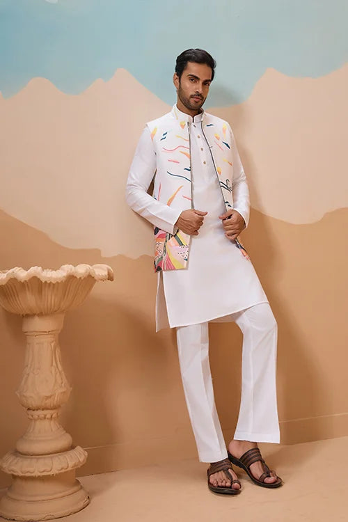 White Wedding Wear Carnival Koti Kurta Pair for Mens Wear