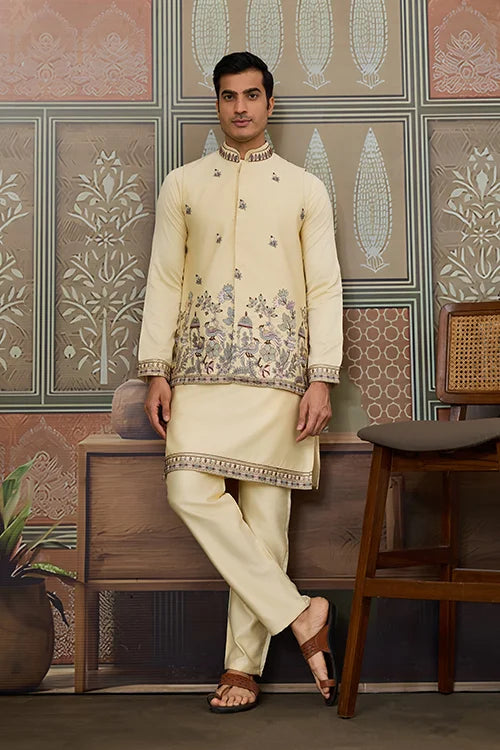 Haldi Special Light Yellow Koti Kurta Set for Mens Wear