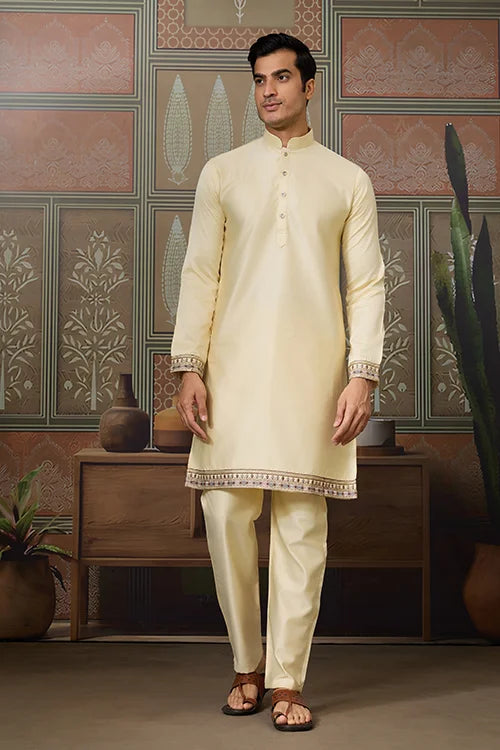 Haldi Special Light Yellow Koti Kurta Set for Mens Wear