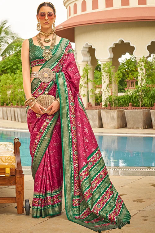 Buy Patola Silk Beautiful Saree Latkan Border With Printed Blouse Piece
