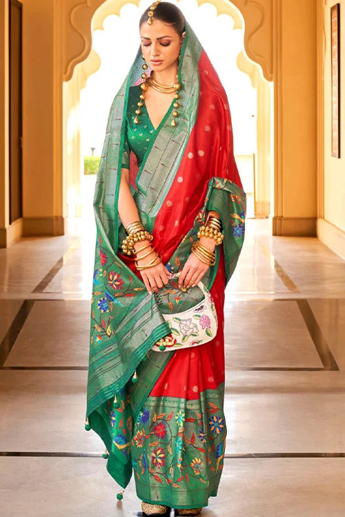 Hot Red Zar Woven Paithani Art Silk Saree With Blouse