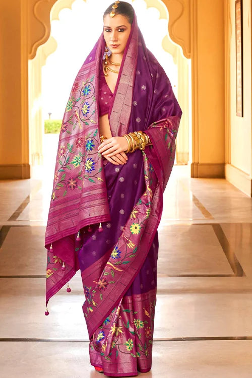 Marvelous Wine Paithani Art Silk Saree With Printed Blouse
