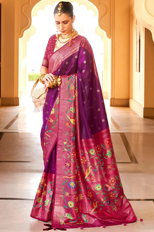 Marvelous Wine Paithani Art Silk Saree With Printed Blouse