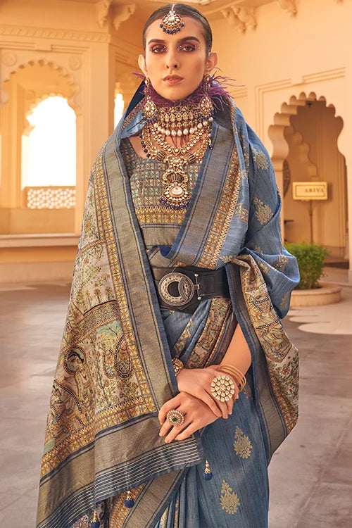 Party Wear Zari Designer Saree With Printed Blouse Piece At Shubhkala