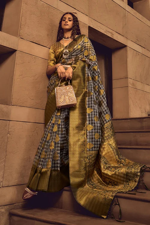 Grey Handloom Woven Silk Blend Saree With Unstitched Blouse At Shubhkala Fashion