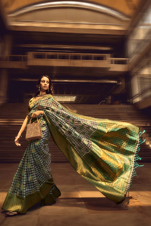 Green & Grey Checks Desigen Handloom Silk Saree With Unstitched Blouse