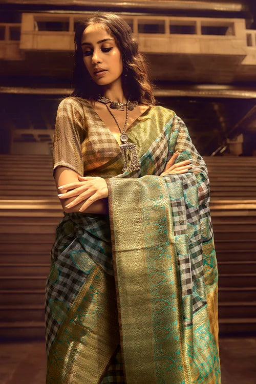 Green & Grey Checks Desigen Handloom Silk Saree With Unstitched Blouse