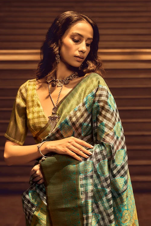 Green & Grey Checks Desigen Handloom Silk Saree With Unstitched Blouse
