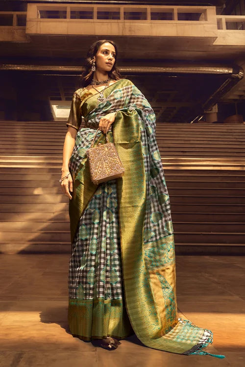 Green & Grey Checks Desigen Handloom Silk Saree With Unstitched Blouse