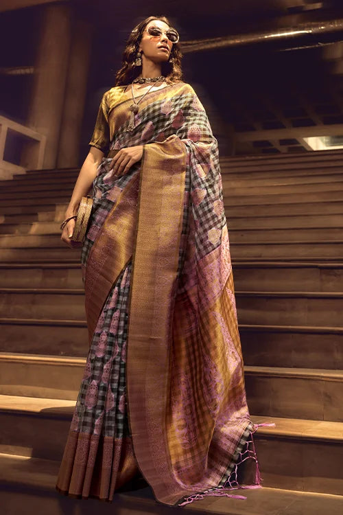 Grey And Pink Checks Design Handloom Silk Saree At Shubhkala Fashion