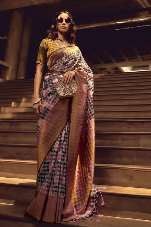 Grey And Pink Checks Design Handloom Silk Saree At Shubhkala Fashion