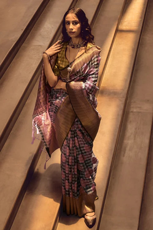 Grey And Pink Checks Design Handloom Silk Saree At Shubhkala Fashion