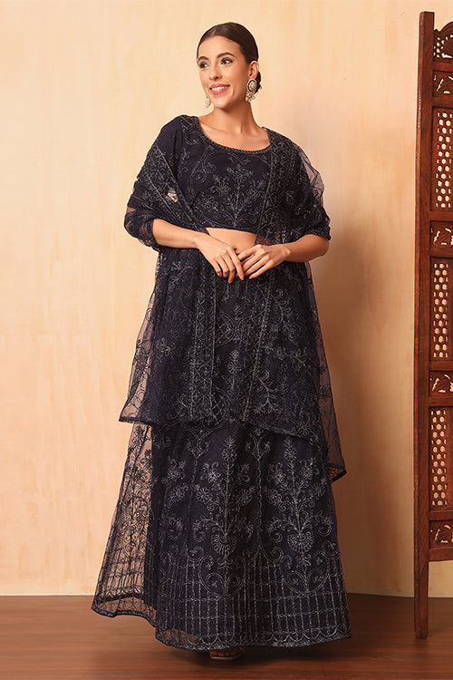 Stylish Blue Color Net Sequins Embroidered Work Lehenga Choli With Dupatta