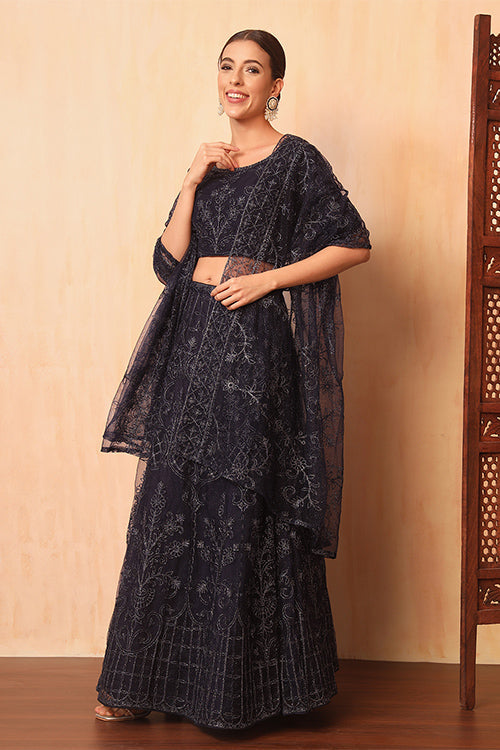Stylish Blue Color Net Sequins Embroidered Work Lehenga Choli With Dupatta