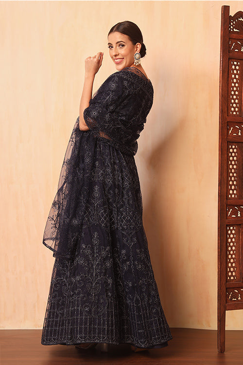 Stylish Blue Color Net Sequins Embroidered Work Lehenga Choli With Dupatta