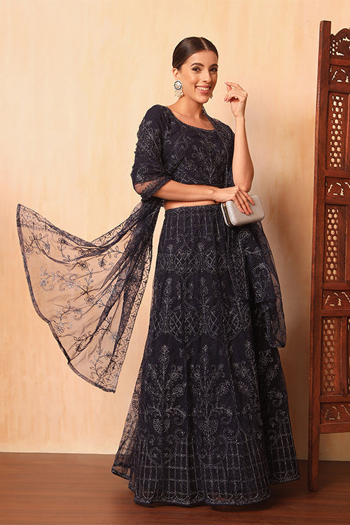 Stylish Blue Color Net Sequins Embroidered Work Lehenga Choli With Dupatta