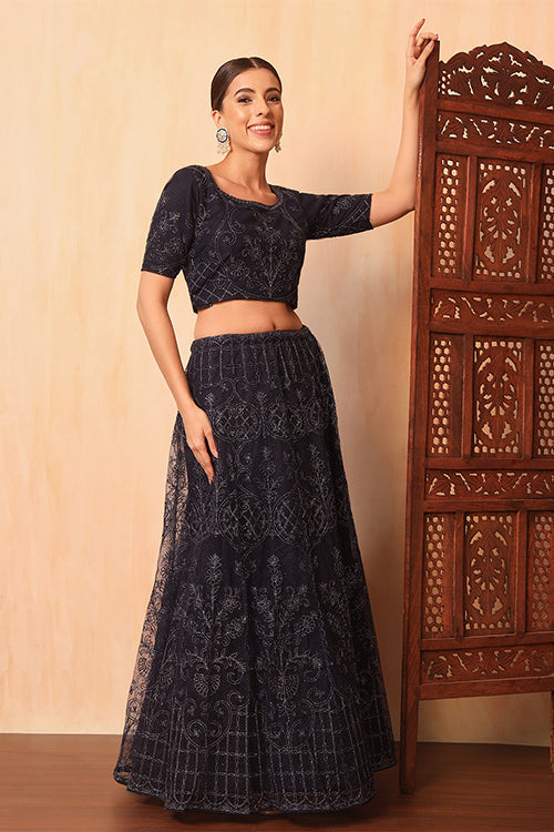 Stylish Blue Color Net Sequins Embroidered Work Lehenga Choli With Dupatta