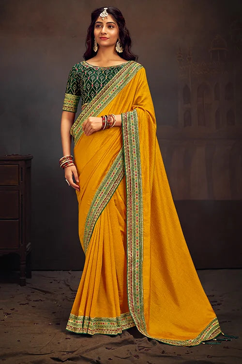Designer Yellow Blooming Heavy Embroidery Work Saree With Blouse Piece