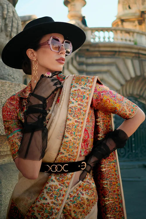 Kashmiri Zari Weaving Silk saree With Unstitched Blouse Piece