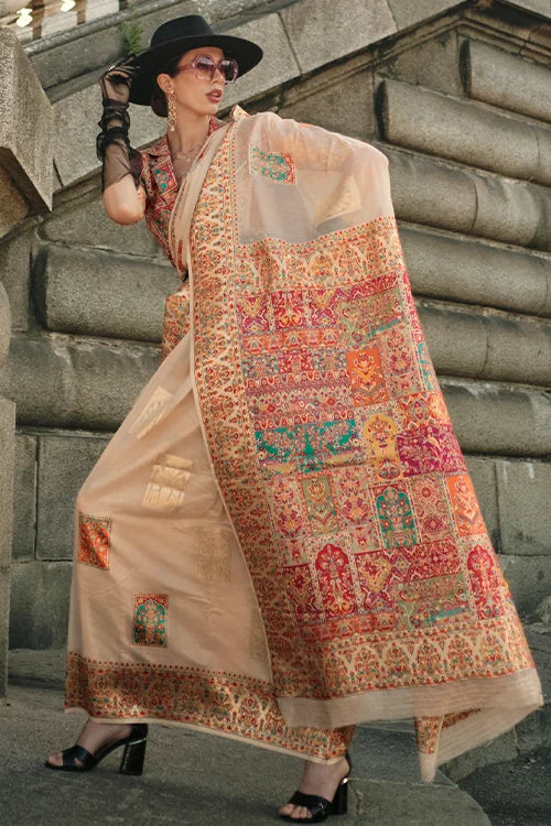 Kashmiri Zari Weaving Silk saree With Unstitched Blouse Piece