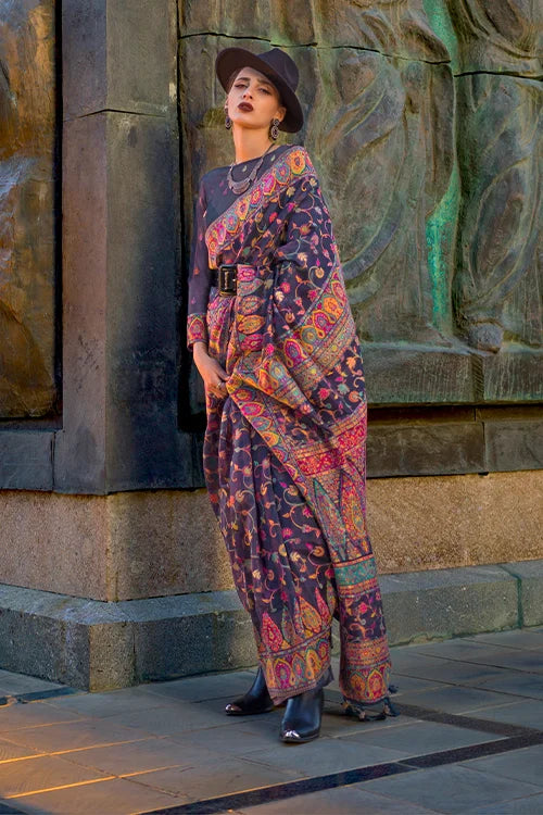 Shubhkala Women Printed Navy Blue Saree With Unstitched Blouse