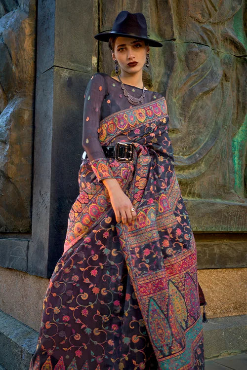 Shubhkala Women Printed Navy Blue Saree With Unstitched Blouse