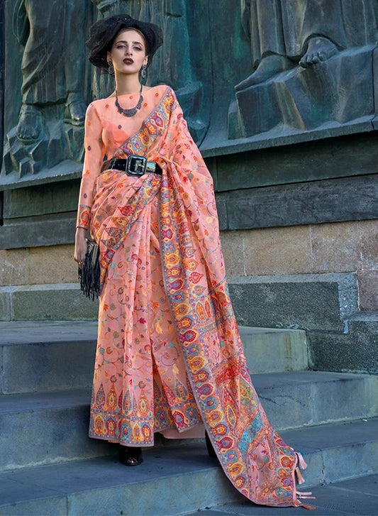 Buy Peach Weaving Organza Traditional Saree Form Shubhkala